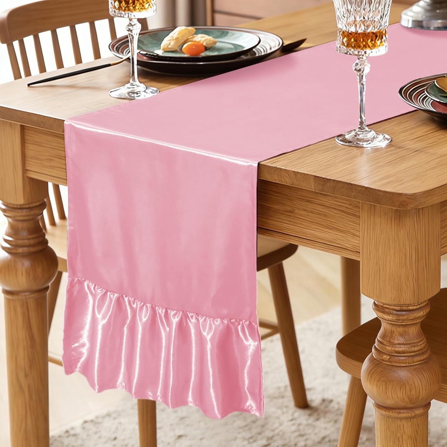 Paquete de 2 caminos de mesa de satén rosa con volantes para fiestas