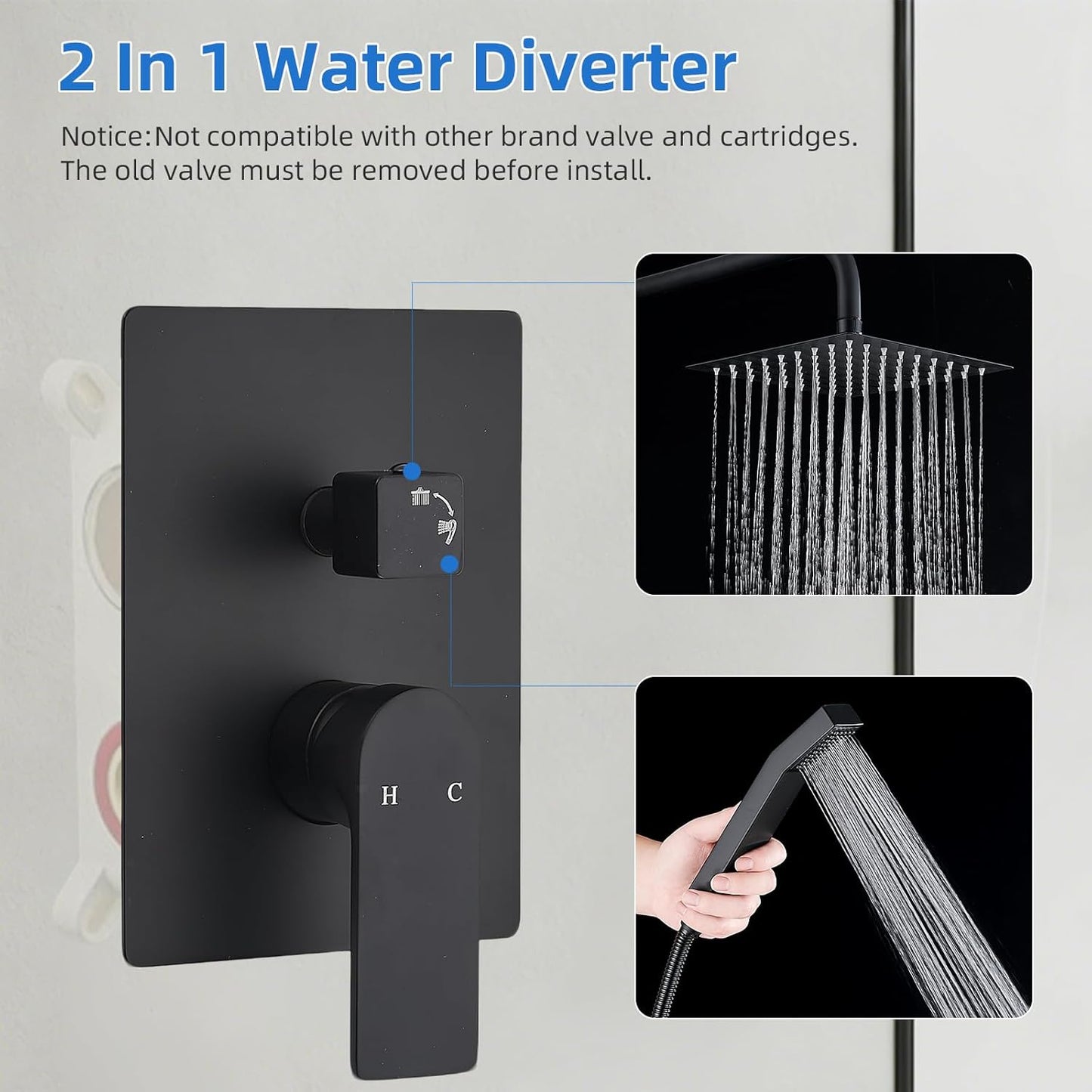 Juego grifo ducha negro mate interruptor desviador 8pulg