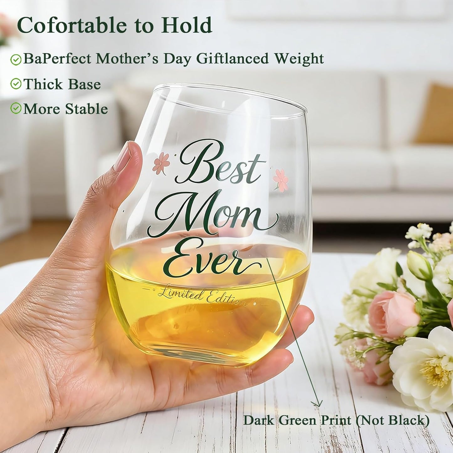 Copa de vino Best Mom Ever 20 oz letras verde oscuro elegante