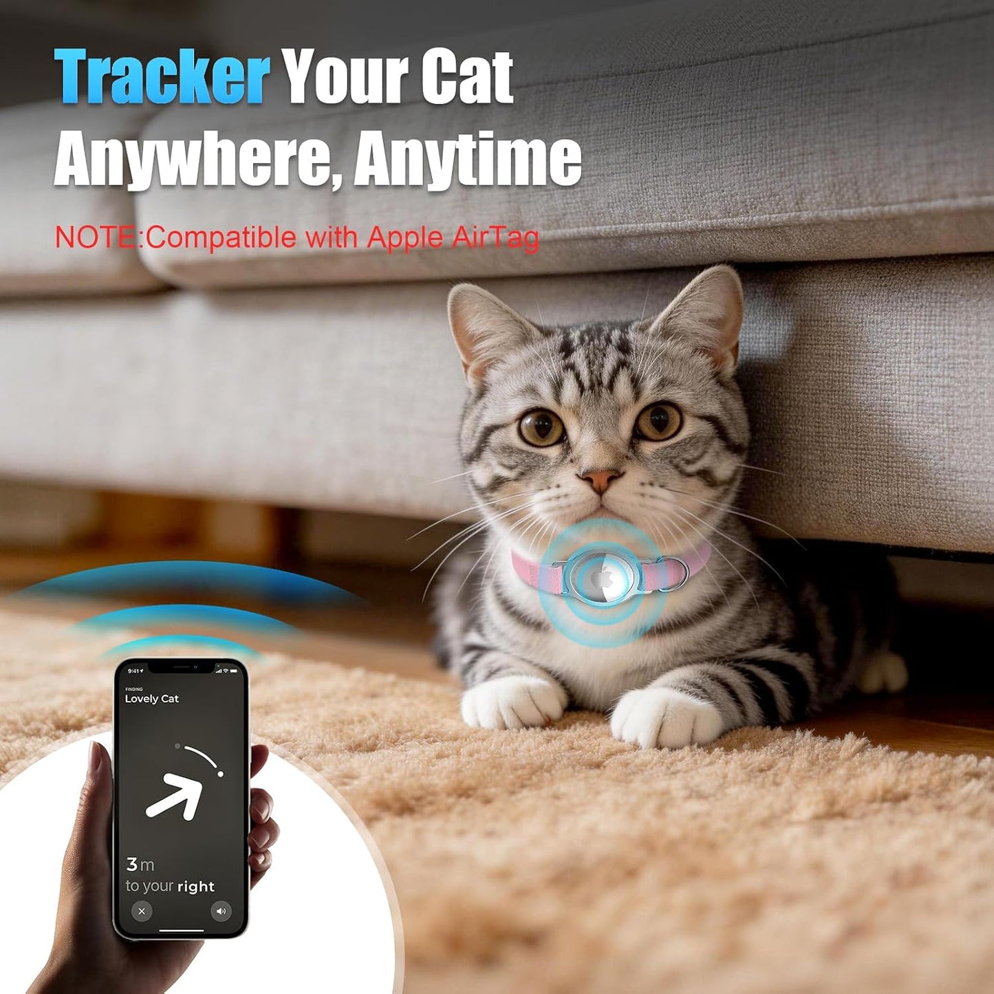 Collar AirTag para gatos elástico con soporte integrado rosa