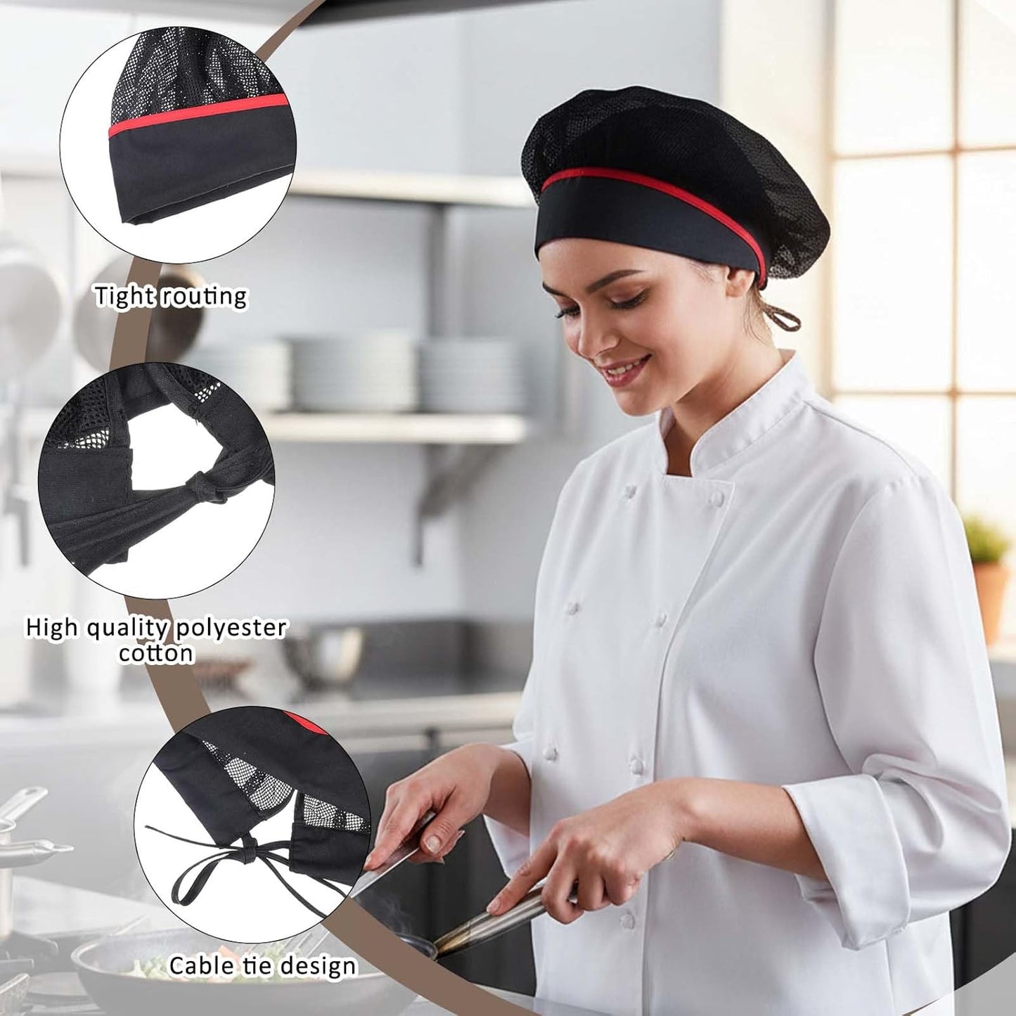 Gorro chef mujer negro ribete rojo 20.87pulg algodón
