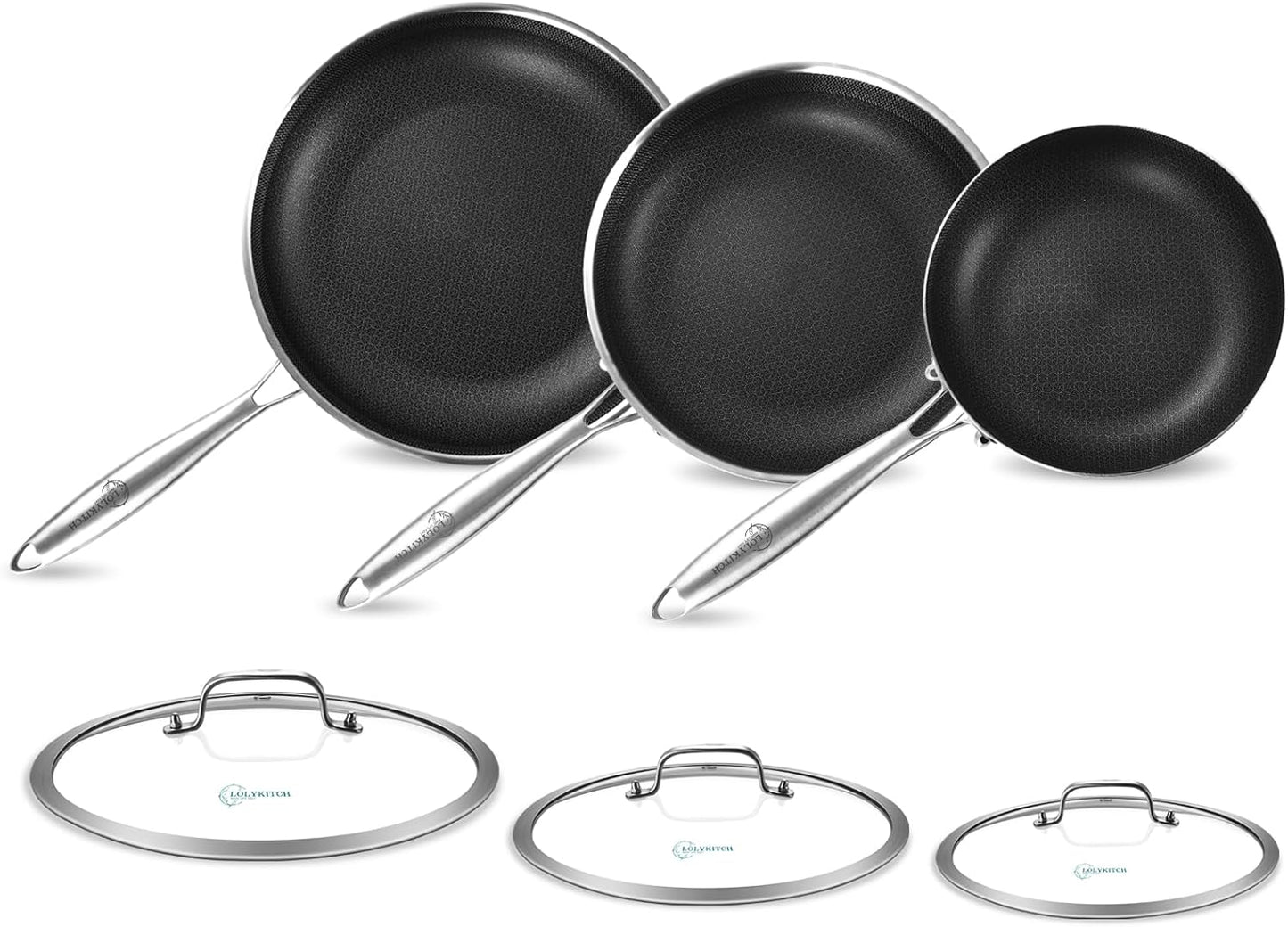 Set Sartenes Acero Inox 8/10/12pulg Con Tapa Vidrio Inducción