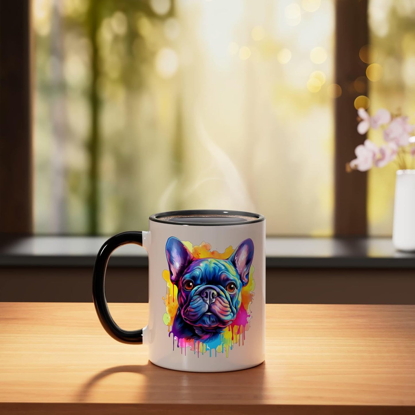 Taza cerámica arte acuarela perro bulldog francés negro/blanco