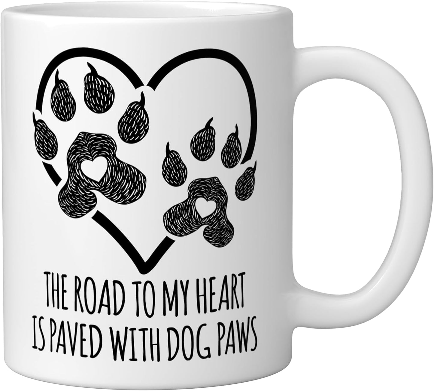 Taza de cerámica con texto I Love Dogs Road To My Heart Paved With Paw Prints blanca