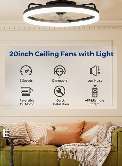Ventilador techo perfil bajo 20pulg luz LED control remoto negro