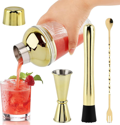 Juego de coctelera con vidrio dorado grueso, incluye coctelera, cuchara, mezclador y jigger
