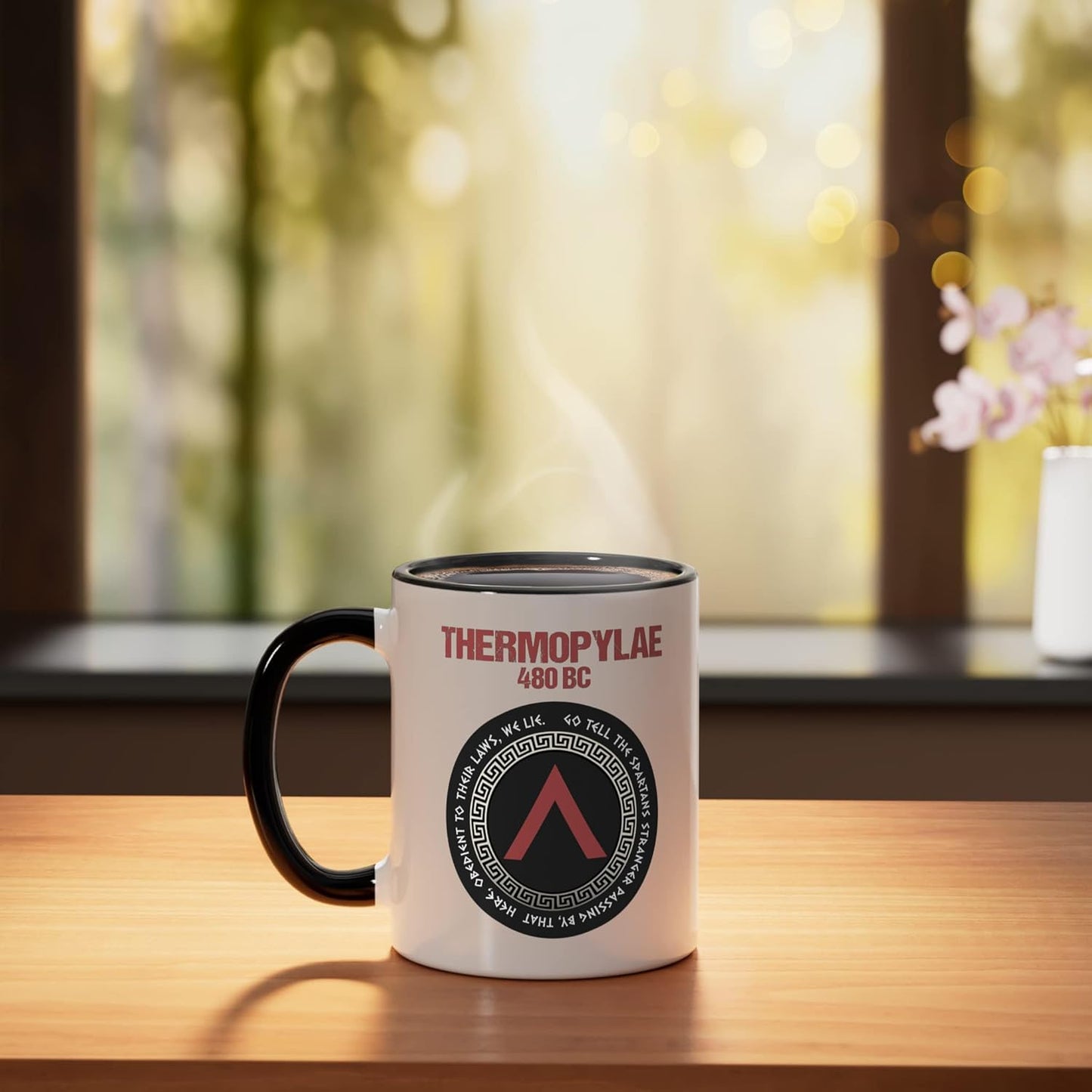 Taza cerámica Thermopylae Epitaph Esparta con símbolo Lambda negra/blanca