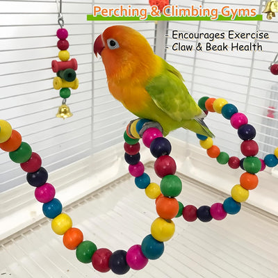 7 Juguetes Madera Pájaros Periquitos Coloridos Con Perchas