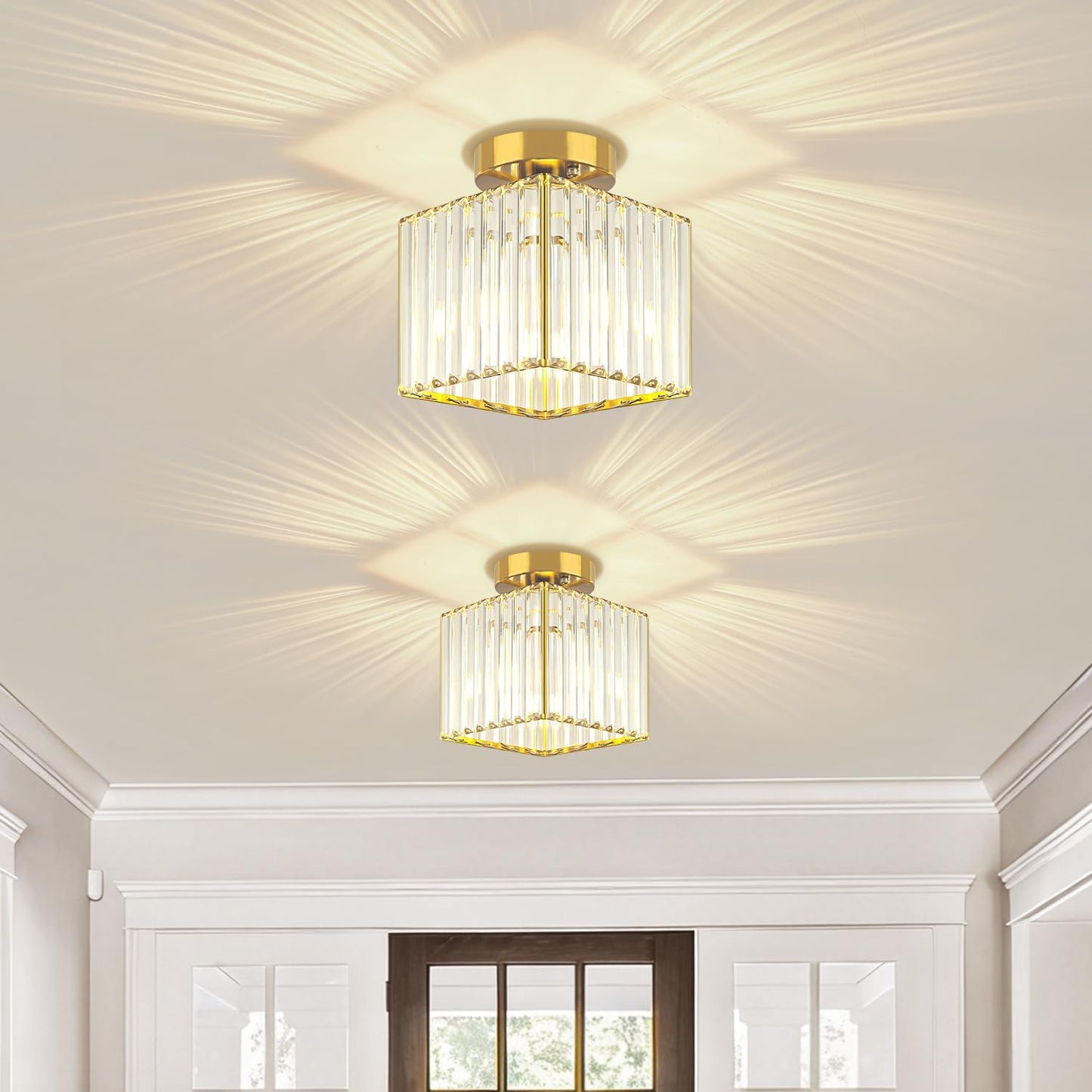 2 Lámparas Techo Cristal Dorado Modernas 7.24pulg