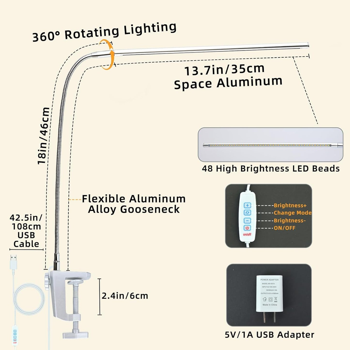 Lámpara escritorio aluminio LED 3 modos USB