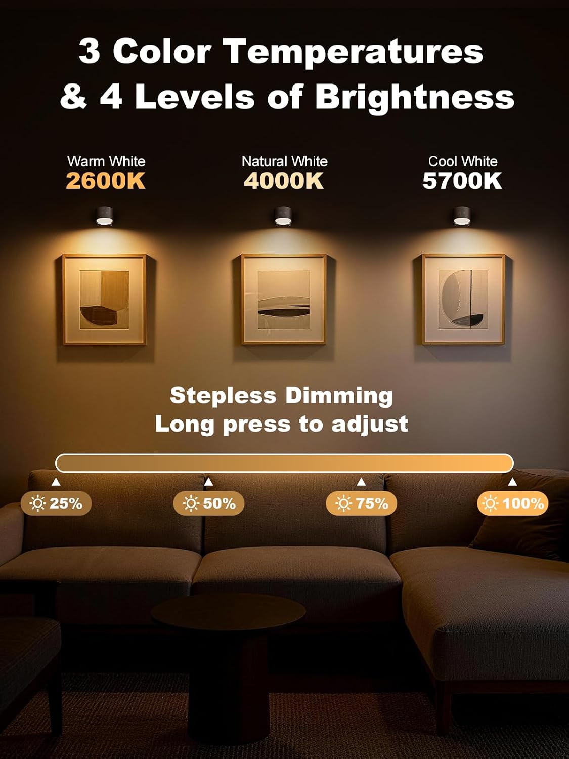 Lámpara pared LED recargable 3 colores 4 brillos rotación 360°