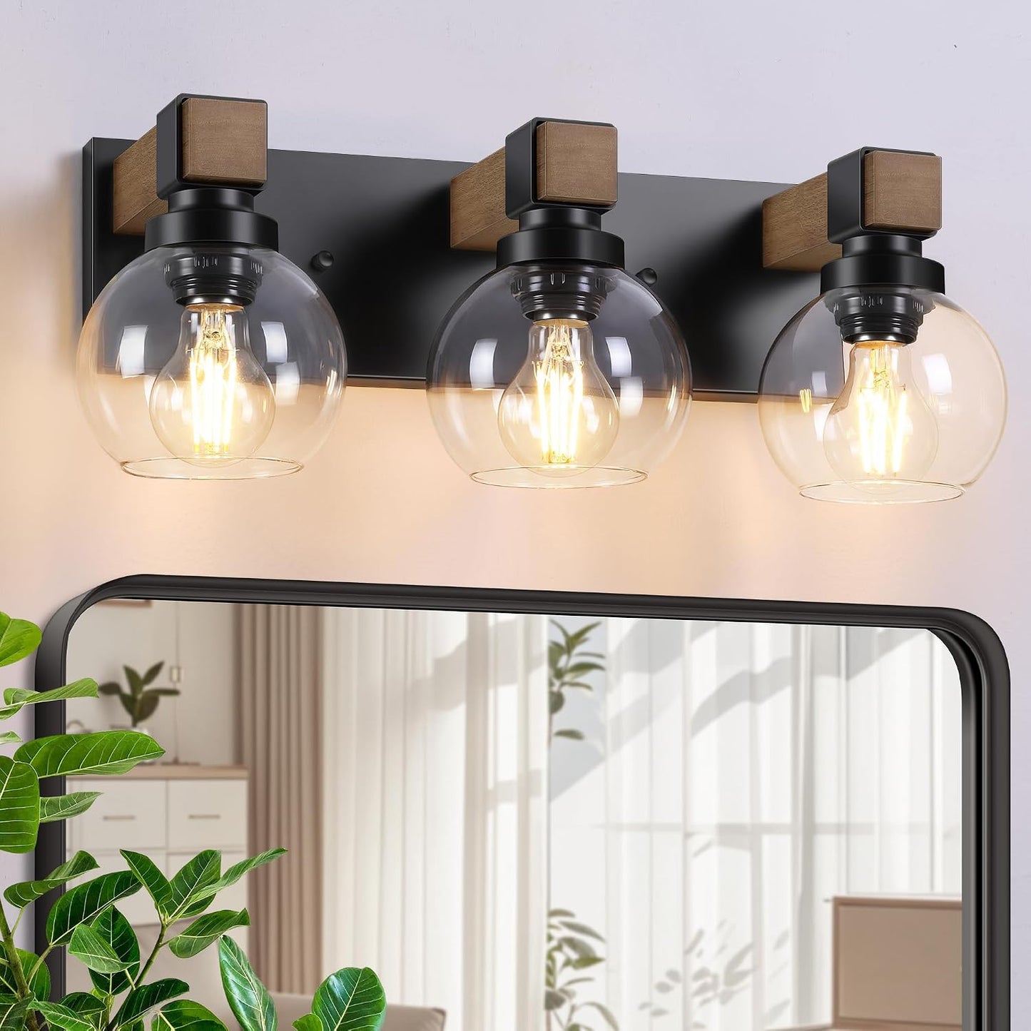Lámpara baño rústica madera 3 luces cristal negro mate