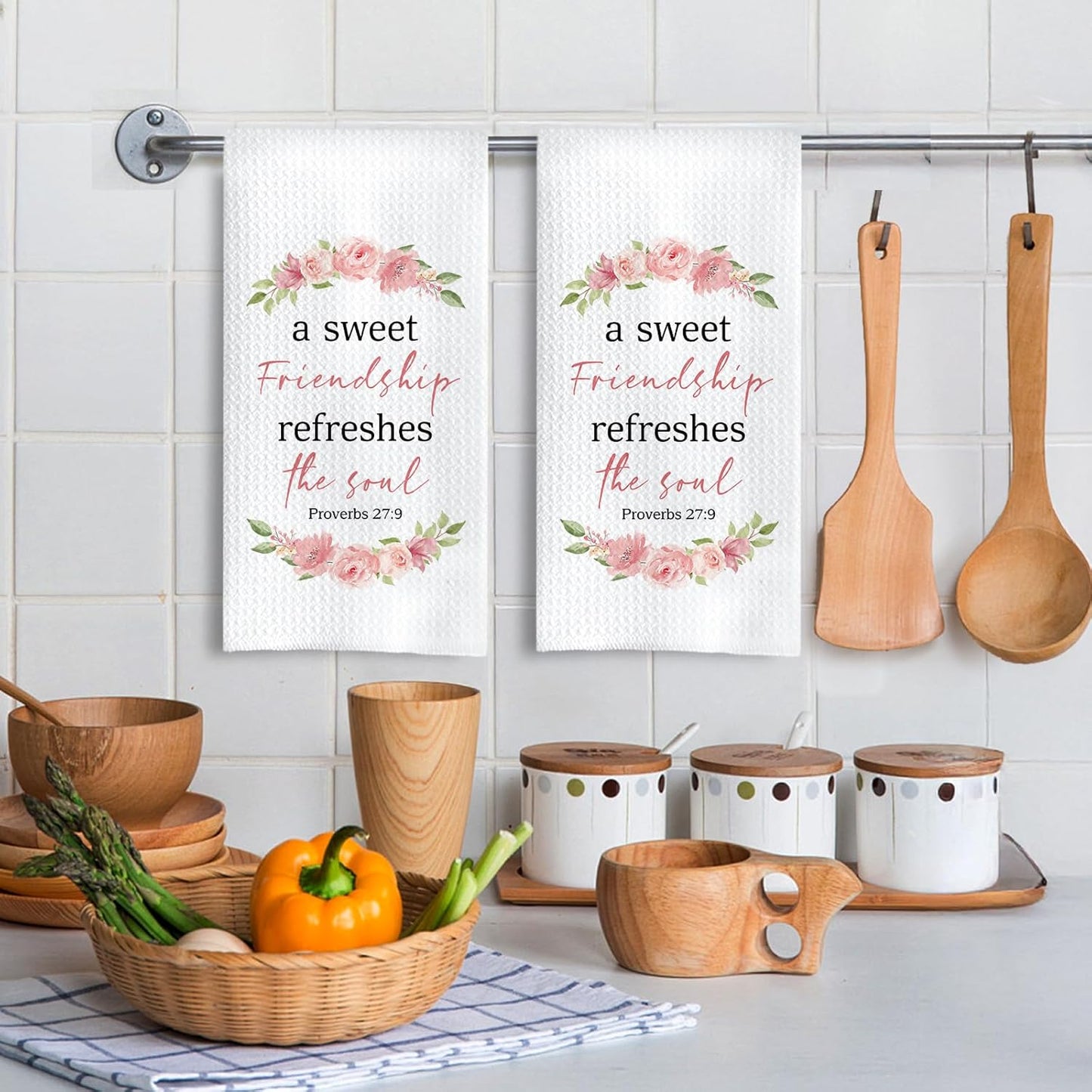 Toallas de cocina con flores rosadas para amigos cristianos 16 x 24