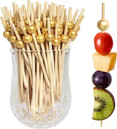 200 Palillos Cóctel Bambú Dorado 4.7pulg Aperitivos