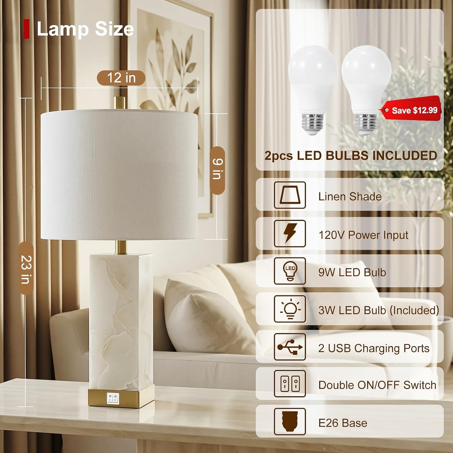 2 Lámparas Mesa Alabastro 23pulg Sala Dormitorio con USB