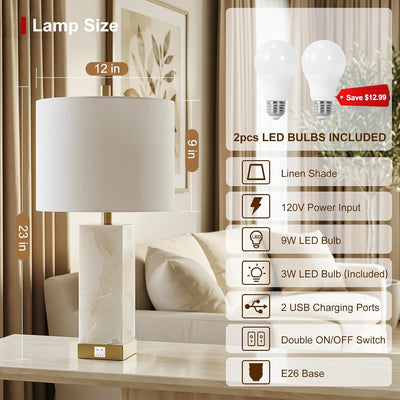 2 Lámparas Mesa Alabastro 23pulg Sala Dormitorio con USB