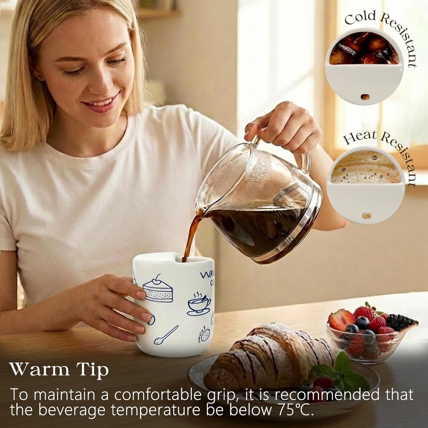 Taza cerámica viaje con media tapa patrón azul 12oz