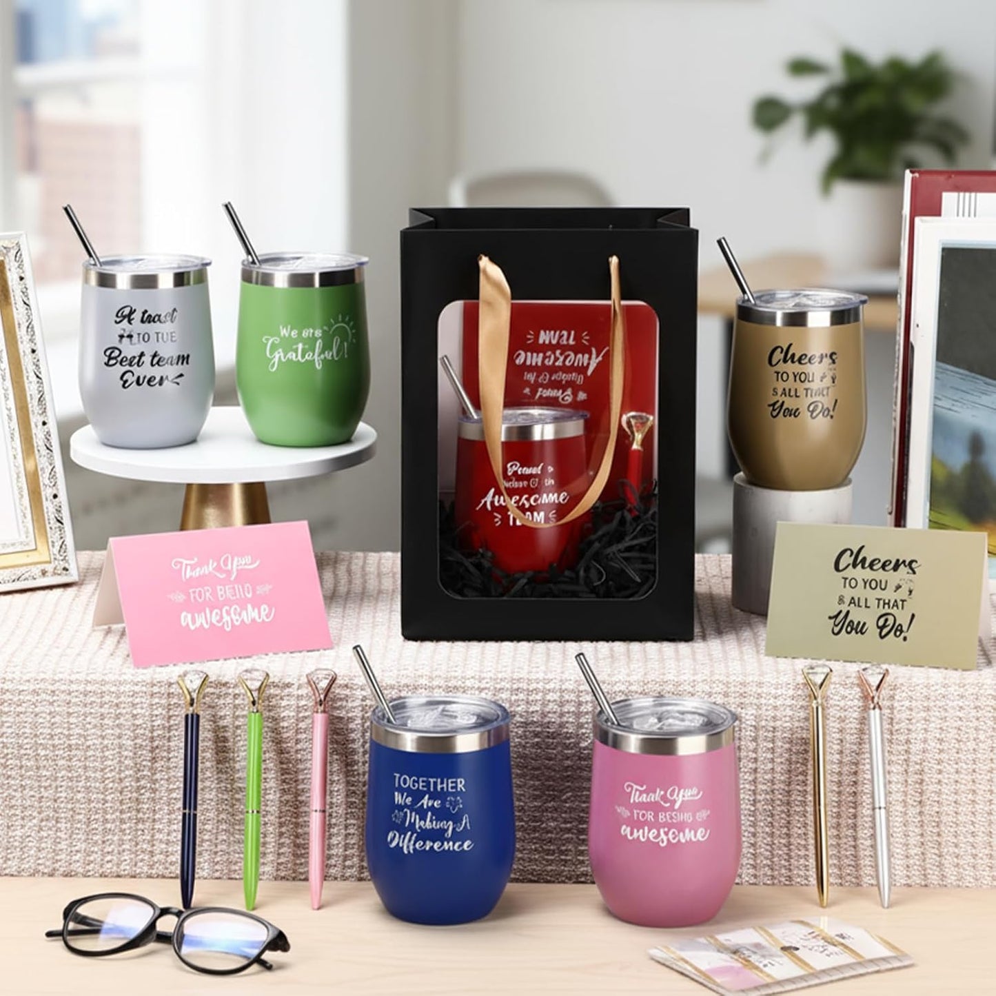 Set 60 Pzas Tazas Acero Inox 12oz Con Tapas y Bolígrafos
