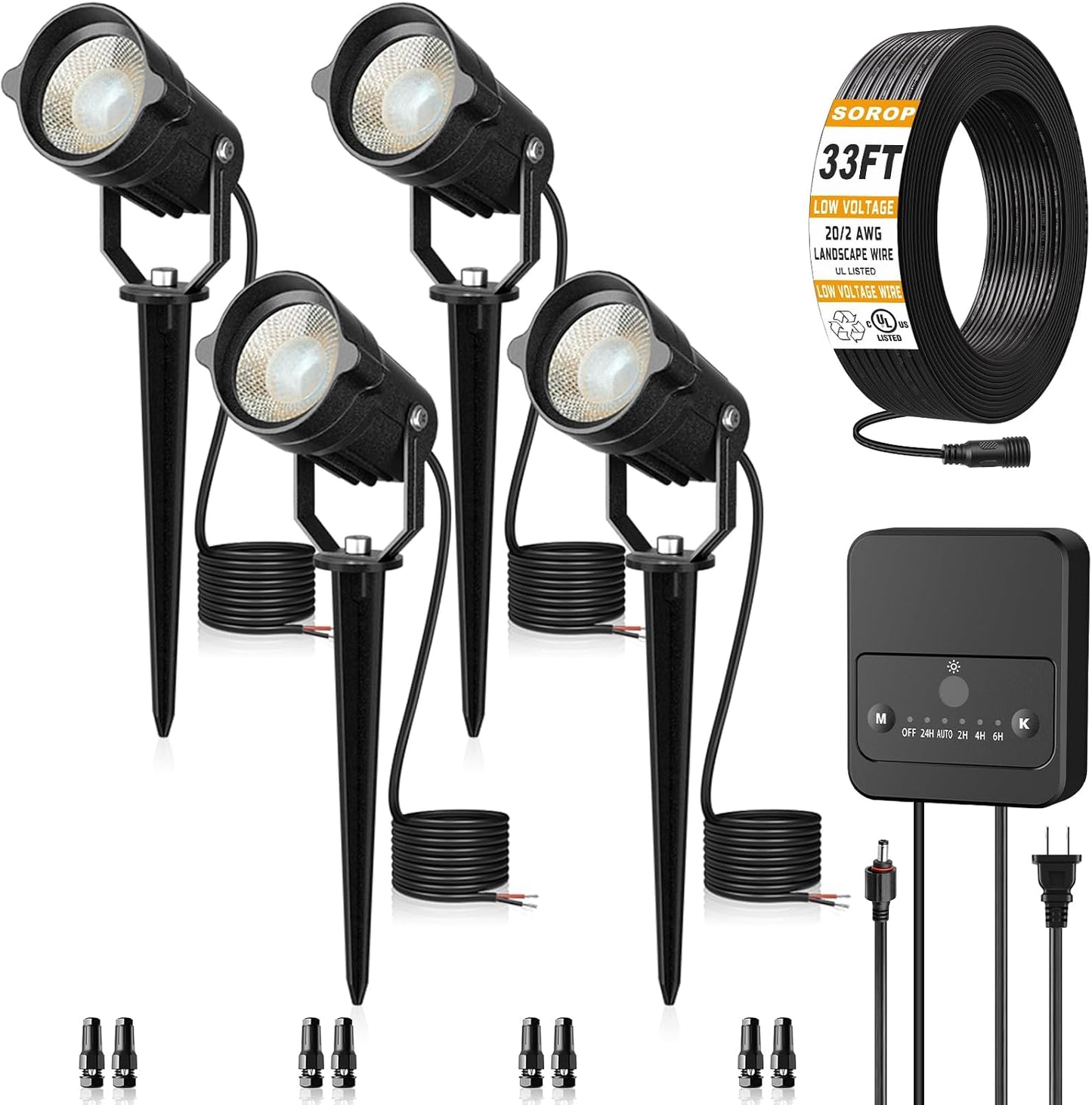 Kit luces paisaje 12-24V 3000K impermeables 33pies set 4