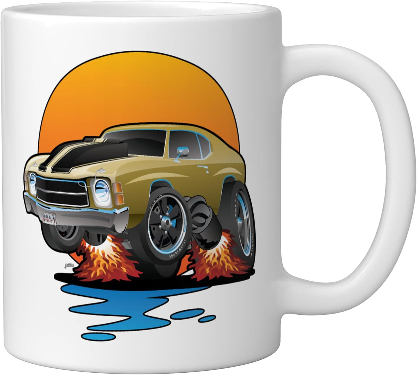 Taza cerámica clásica de coche muscle car hot rod sunset cartoon diseño blanco