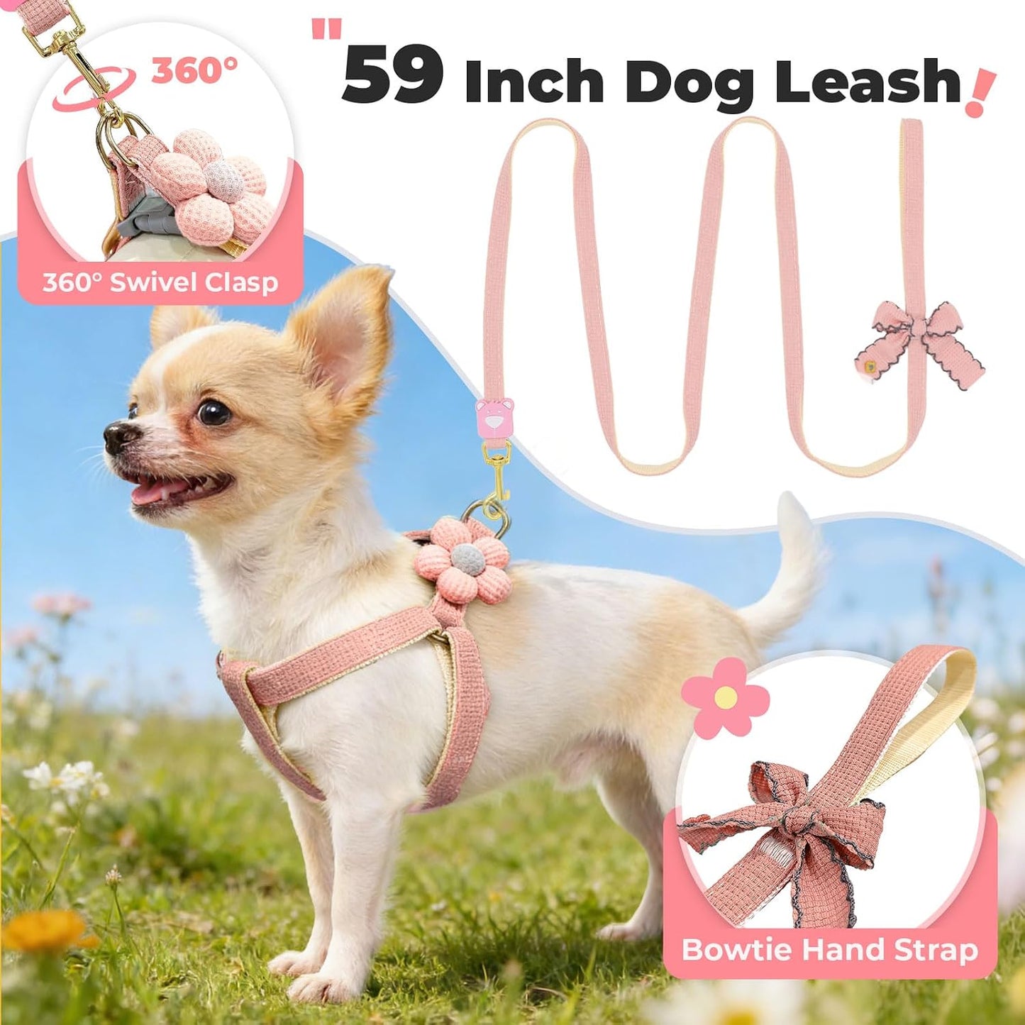 Arnés halter para perros pequeños con moño ajustable rosa