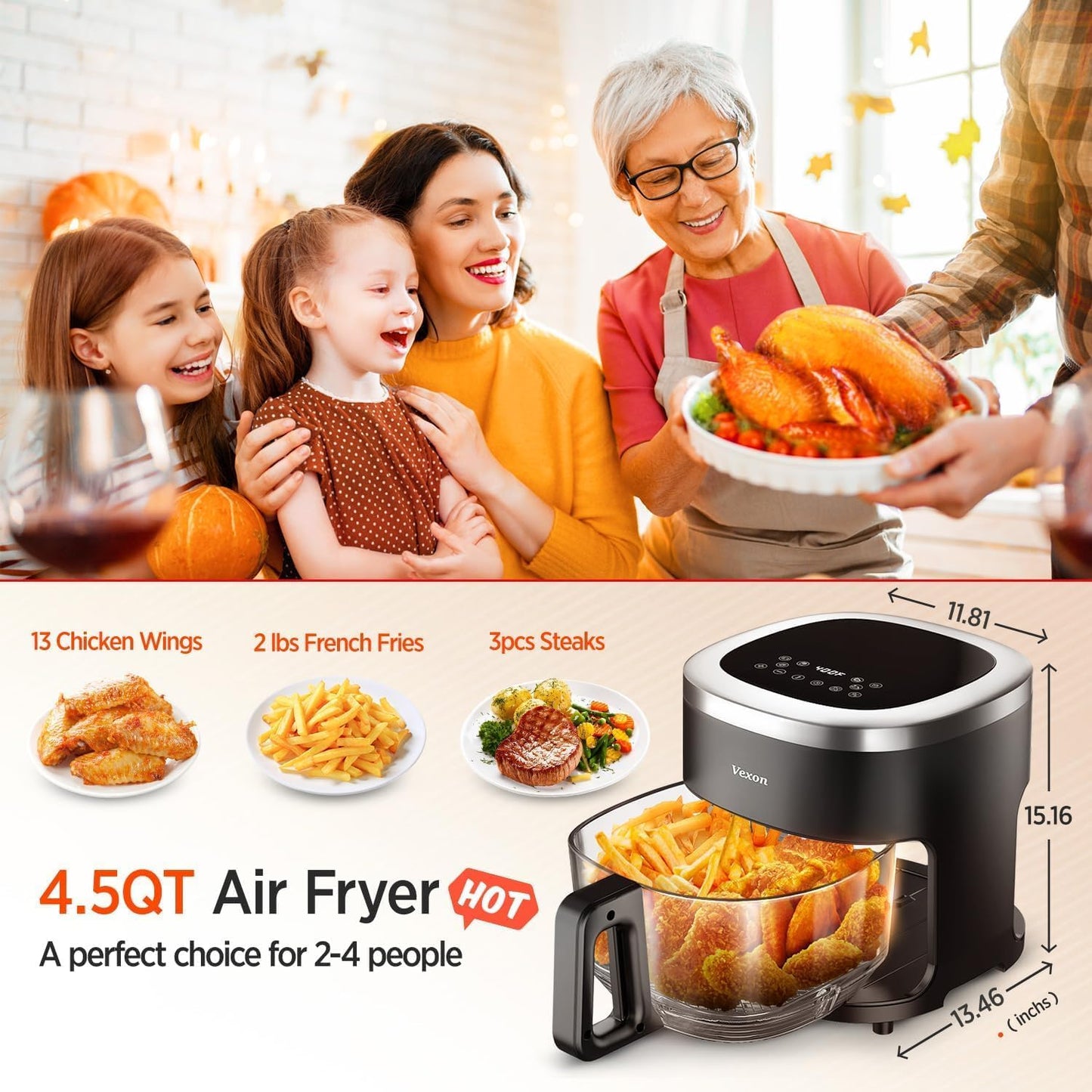 Freidora Aire 4.5qt 1200W cocina compacta con pantalla tactil