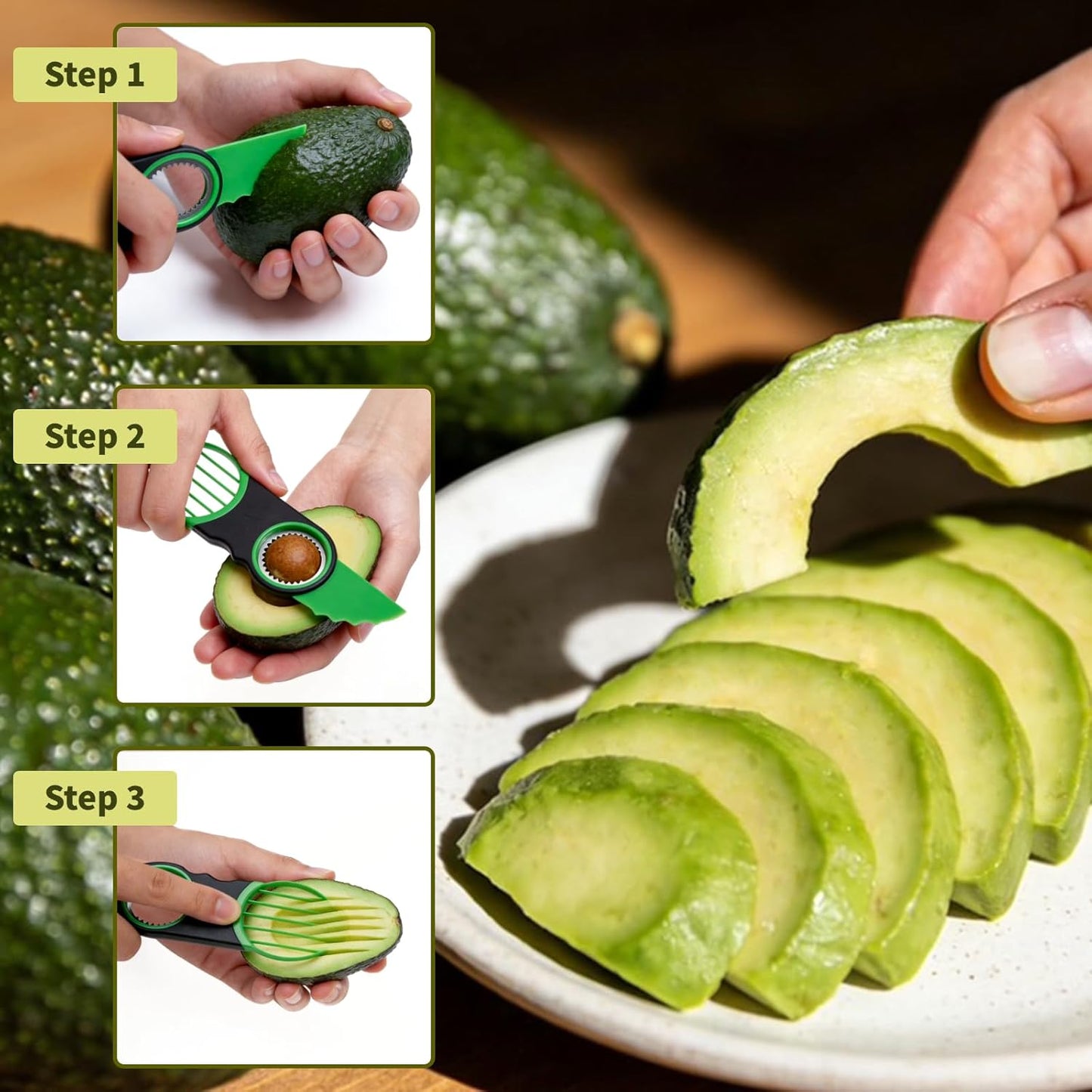 Cortador de aguacate 3 en 1 verde