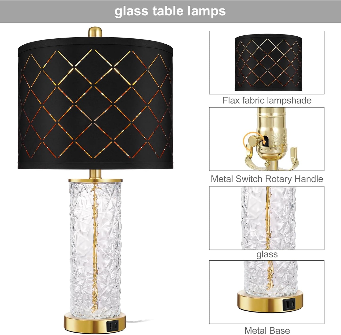 2 Lámparas Mesa Cristal 25pulg USB Dorada Rejilla Negra