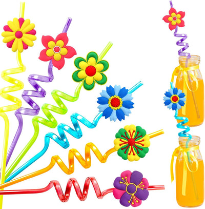 Pajitas de flores de plástico reutilizables para fiestas y cumpleaños, 24 unidades