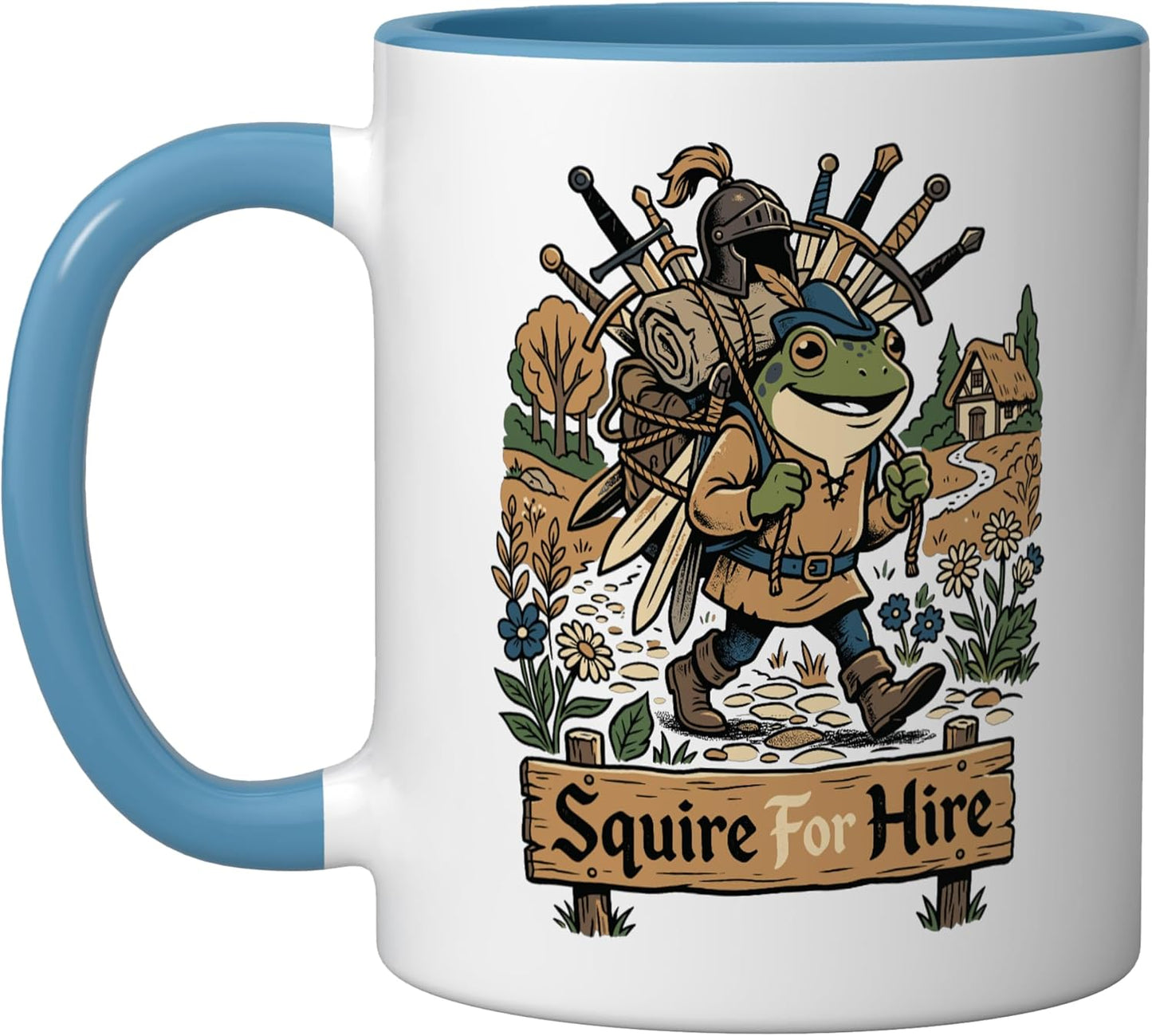 Taza cerámica para feria renacentista Squire For Hire azul/blanco