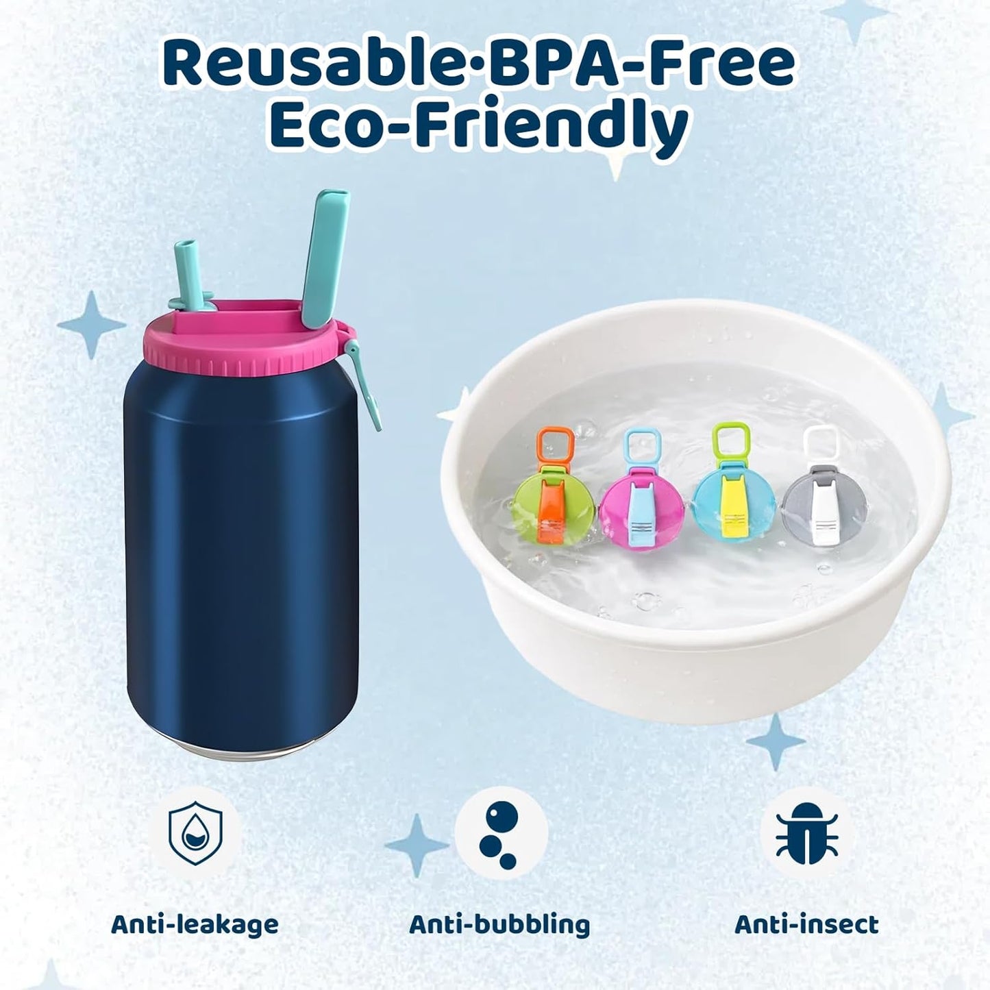 Paquete de 4 tapas para latas de refresco con pajilla reutilizable a prueba de fugas