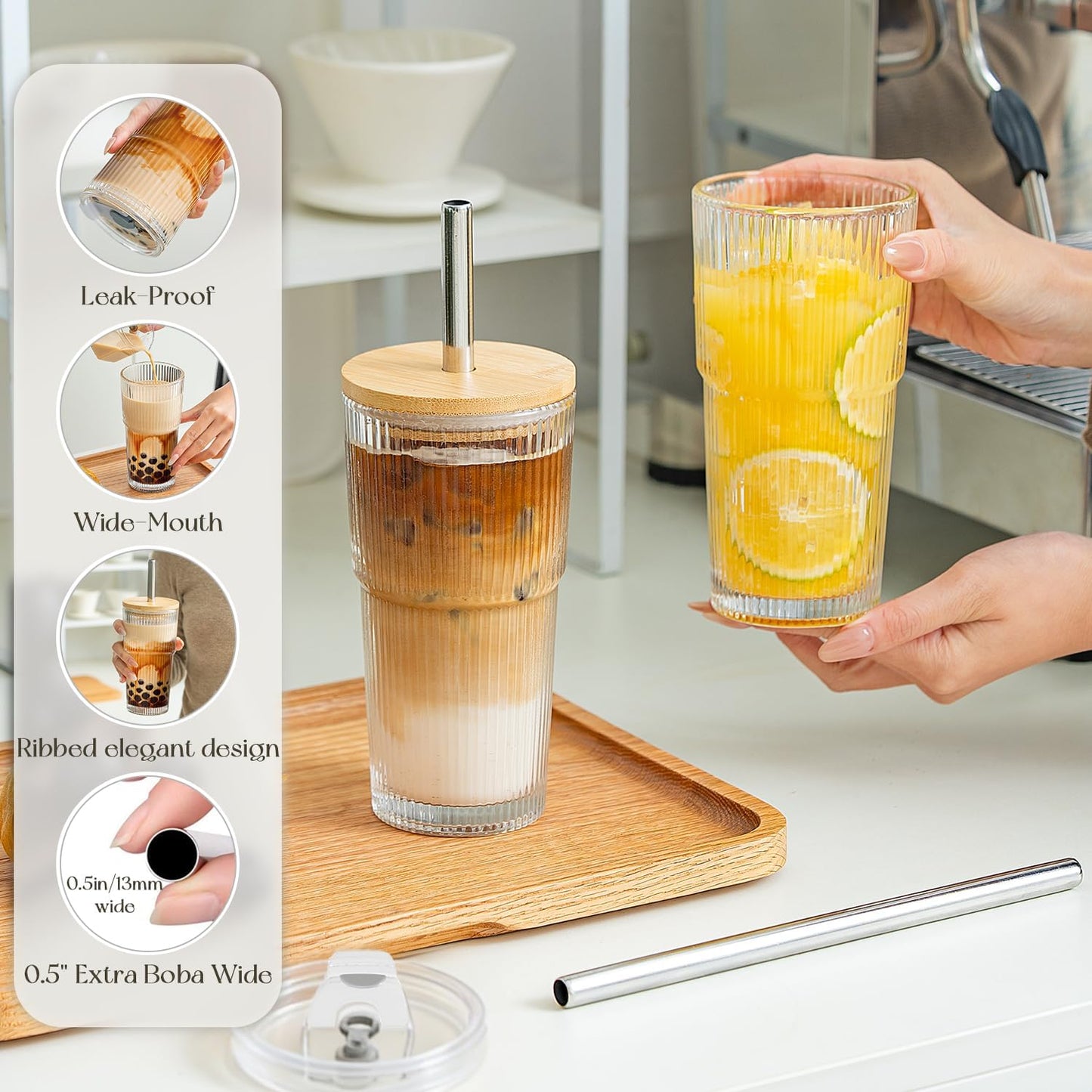Vaso de vidrio acanalado con bambú y tapa 2 en 1 a prueba de fugas, pajita de acero inoxidable vintage para Boba, café helado