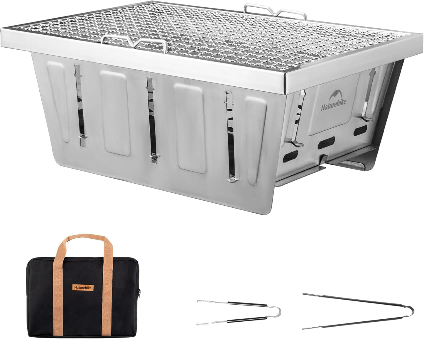 Parrilla carbón camping plegable con pinzas y bolsa transporte