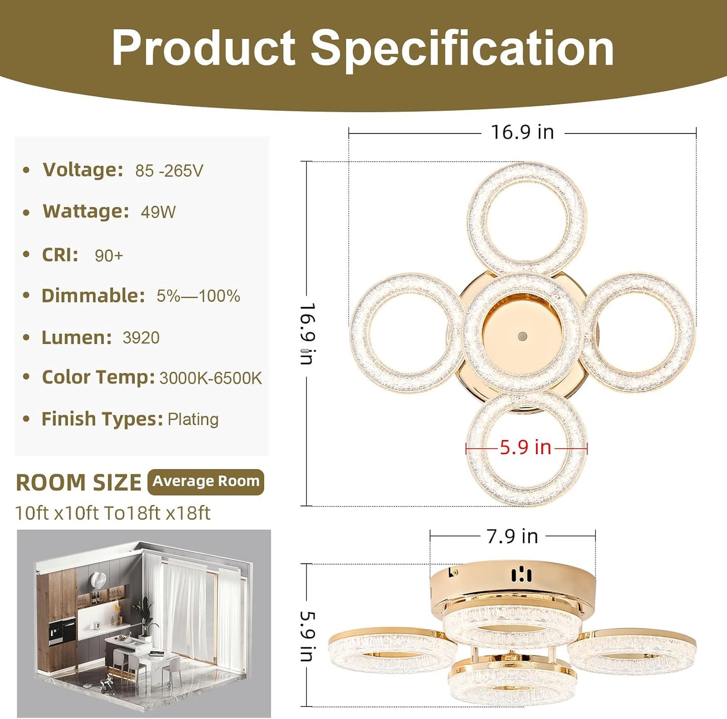 Lámpara techo moderna 5 anillos LED regulable control remoto dorado
