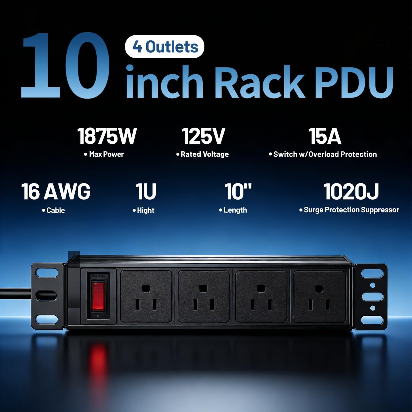 PDU rack 10pulg 4 tomacorrientes traseros 1020J 15A 1U