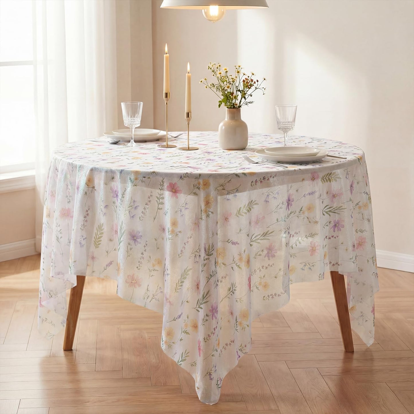 Mantel de tela transparente 60 x 60 pulgadas cuadrado primavera verano acuarela margaritas flores silvestres lavanda