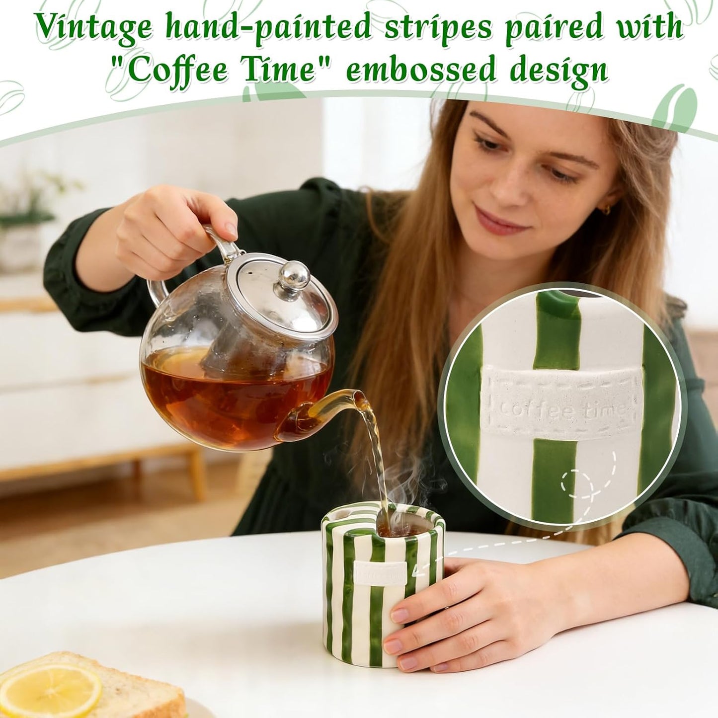 Taza de café de cerámica vintage con rayas verdes y blancas