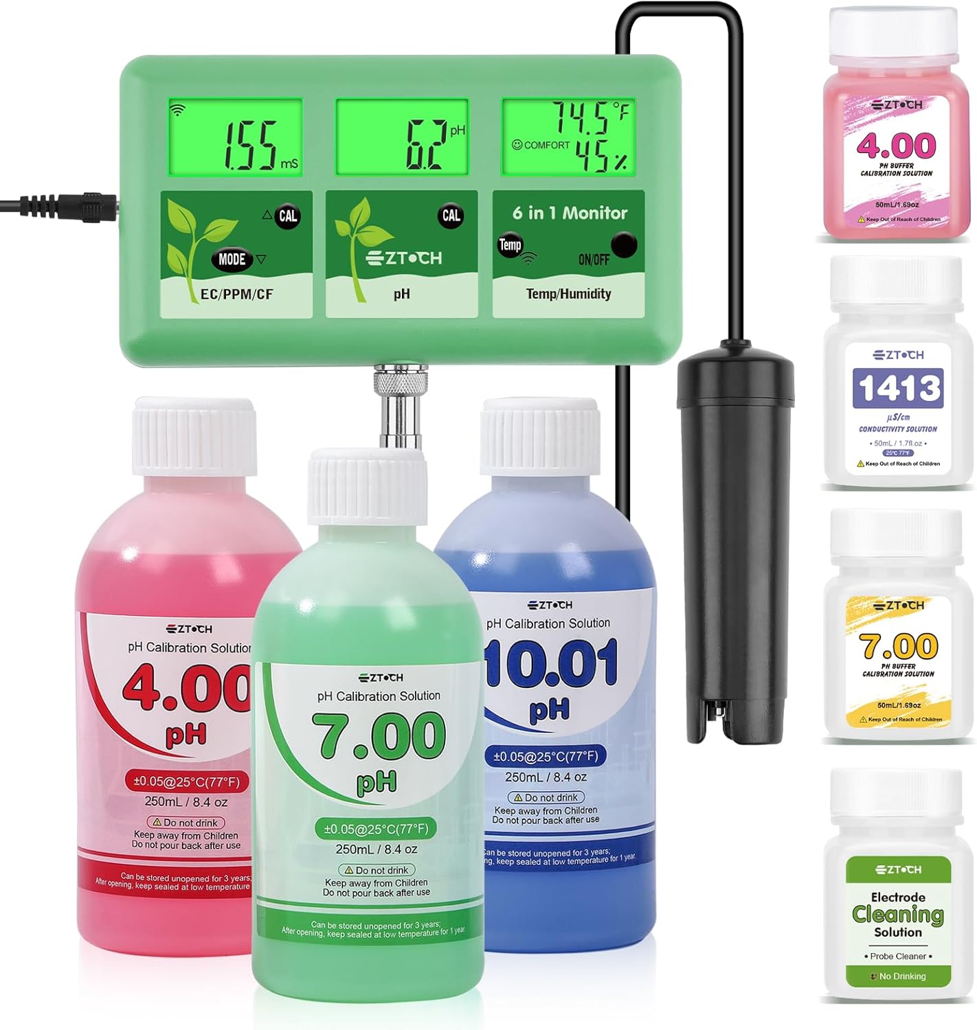 Monitor de pH EC PPM para hidropónica con solución calibración y limpieza