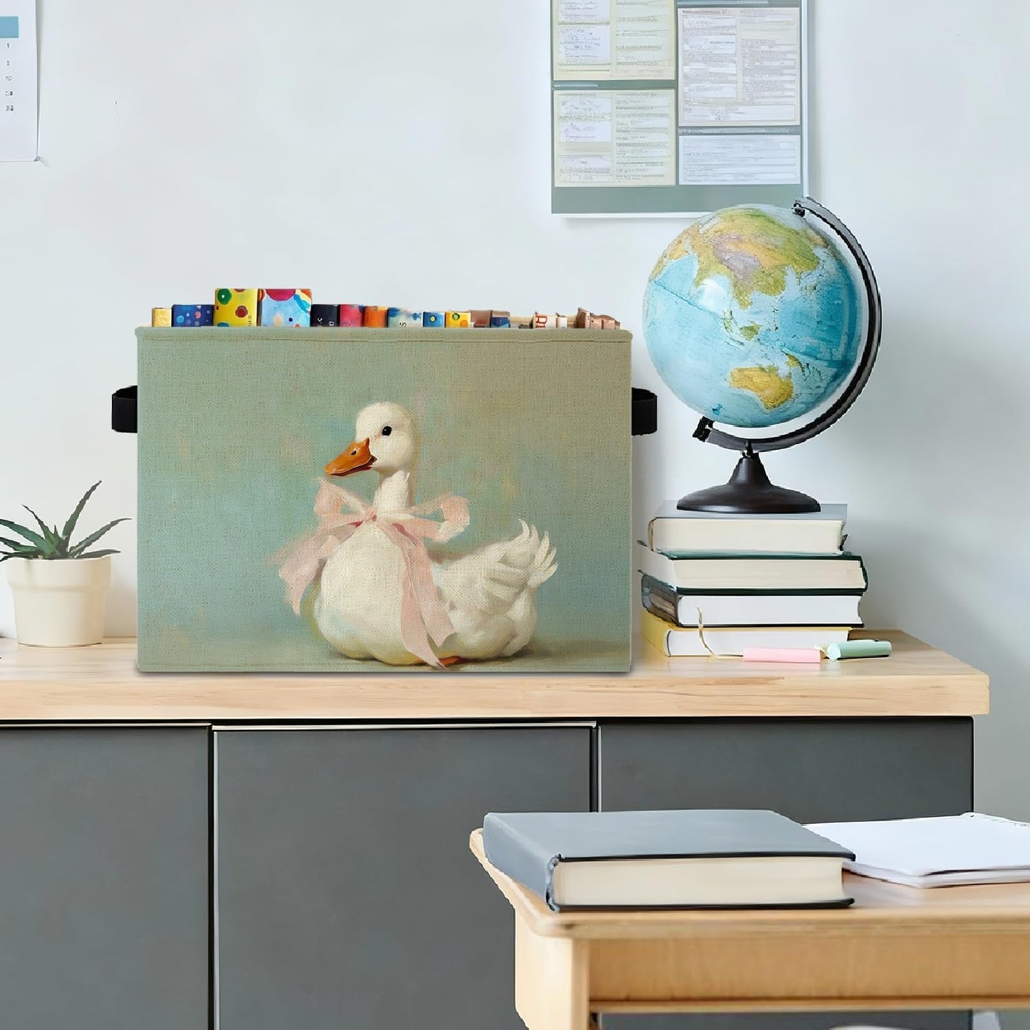 Caja almacenamiento pato blanco lazo rosa con asas