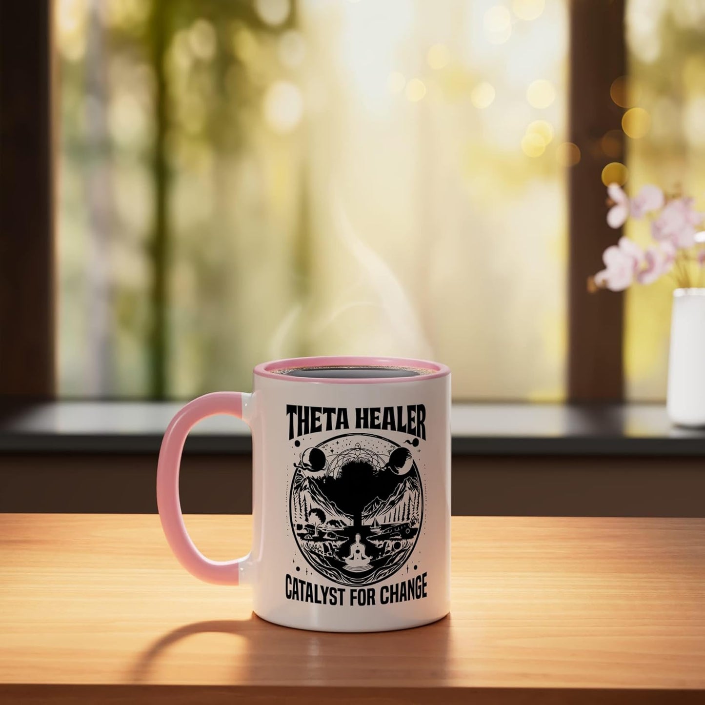 Taza Cerámica Theta Healing Meditación Rosa/Blanco