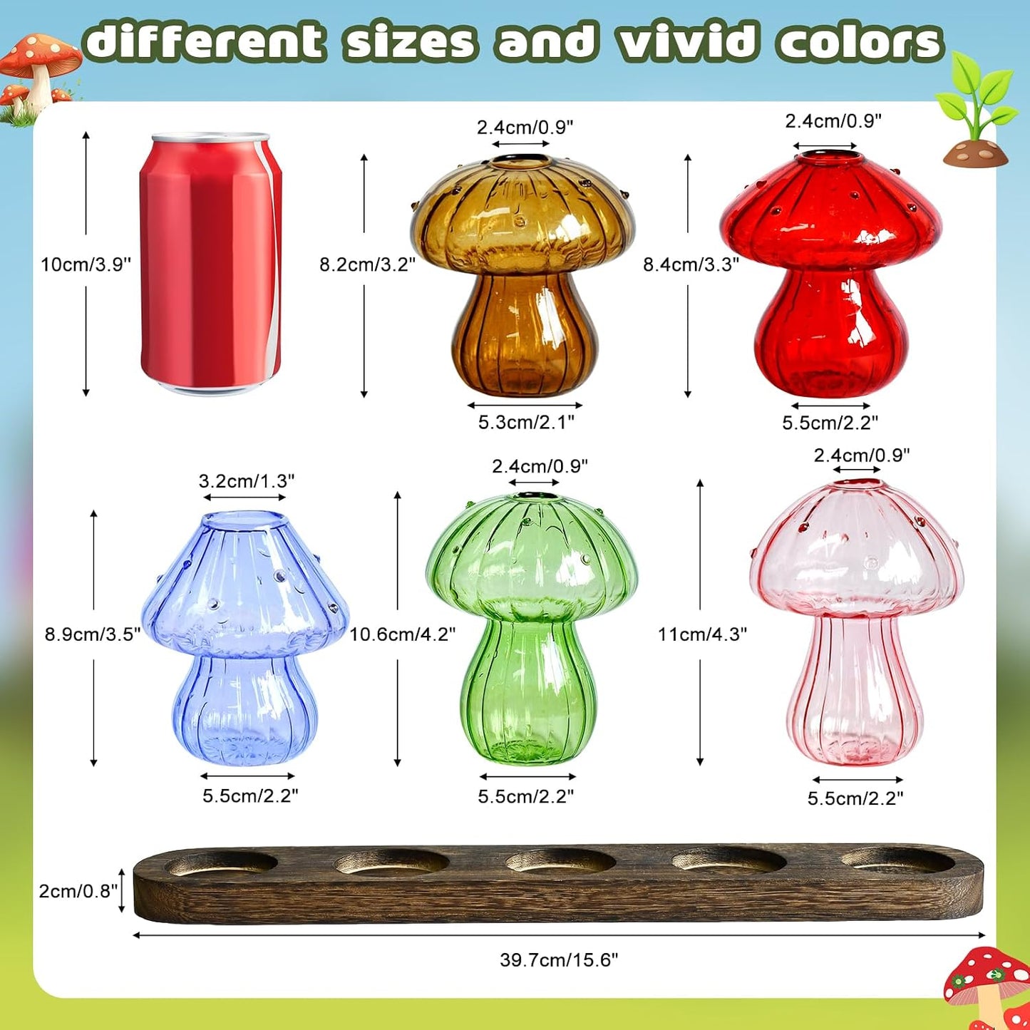 Jarrón vidrio colores set 5 hidropónico oficina