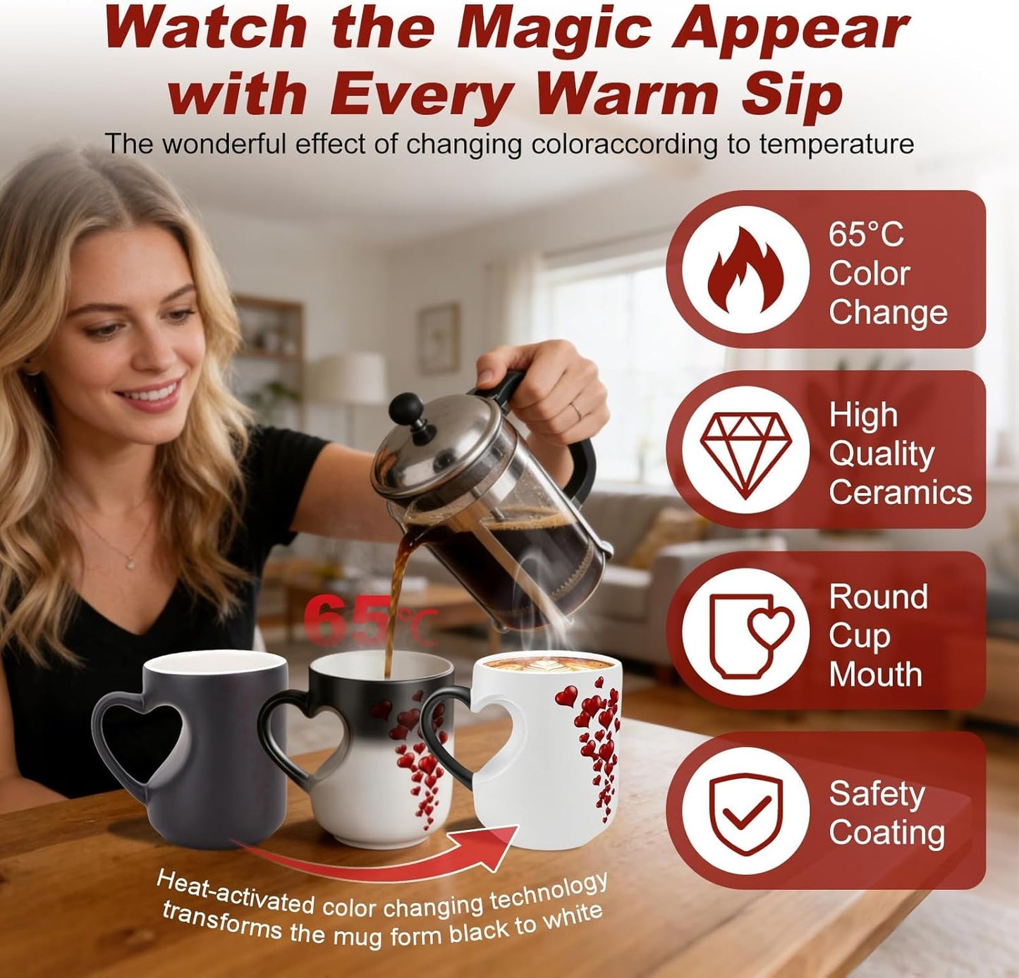 Taza de café mágica en forma de corazón con mango de corazón