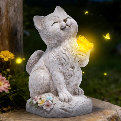 Estatua gato mariposa solar resina luz LED decoración jardín