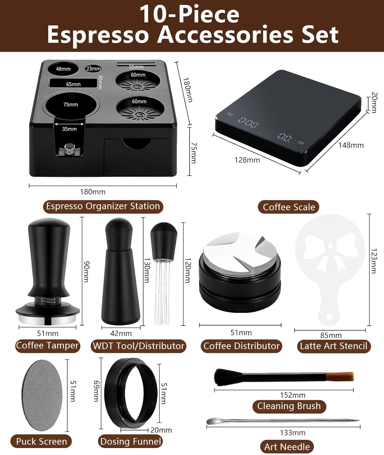 Kit 10 Accesorios Espresso 2.008pulg con Estación Apisonamiento