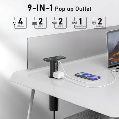 Toma corriente desplegable con carga inalámbrica 15W y USB GaN 65W