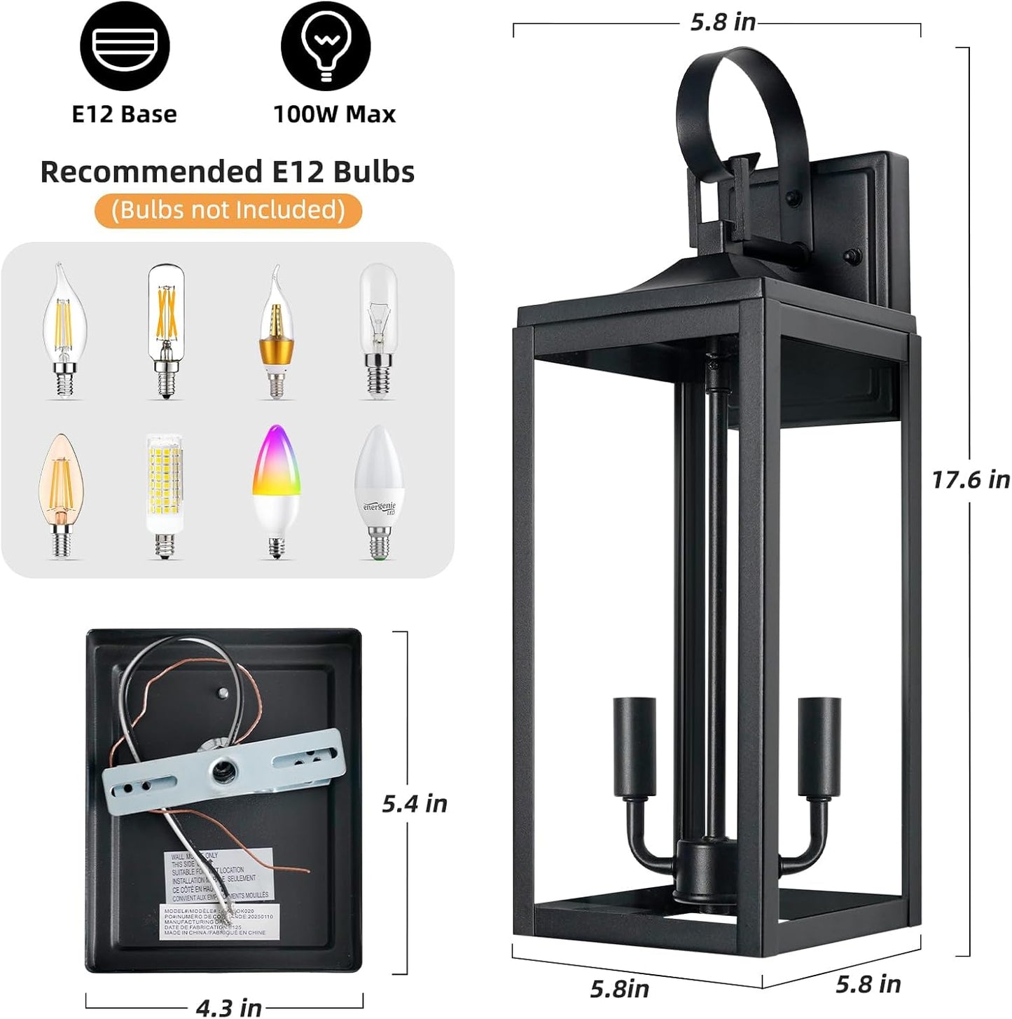 2 Luces de porche exterior 17.6pulg vidrio transparente