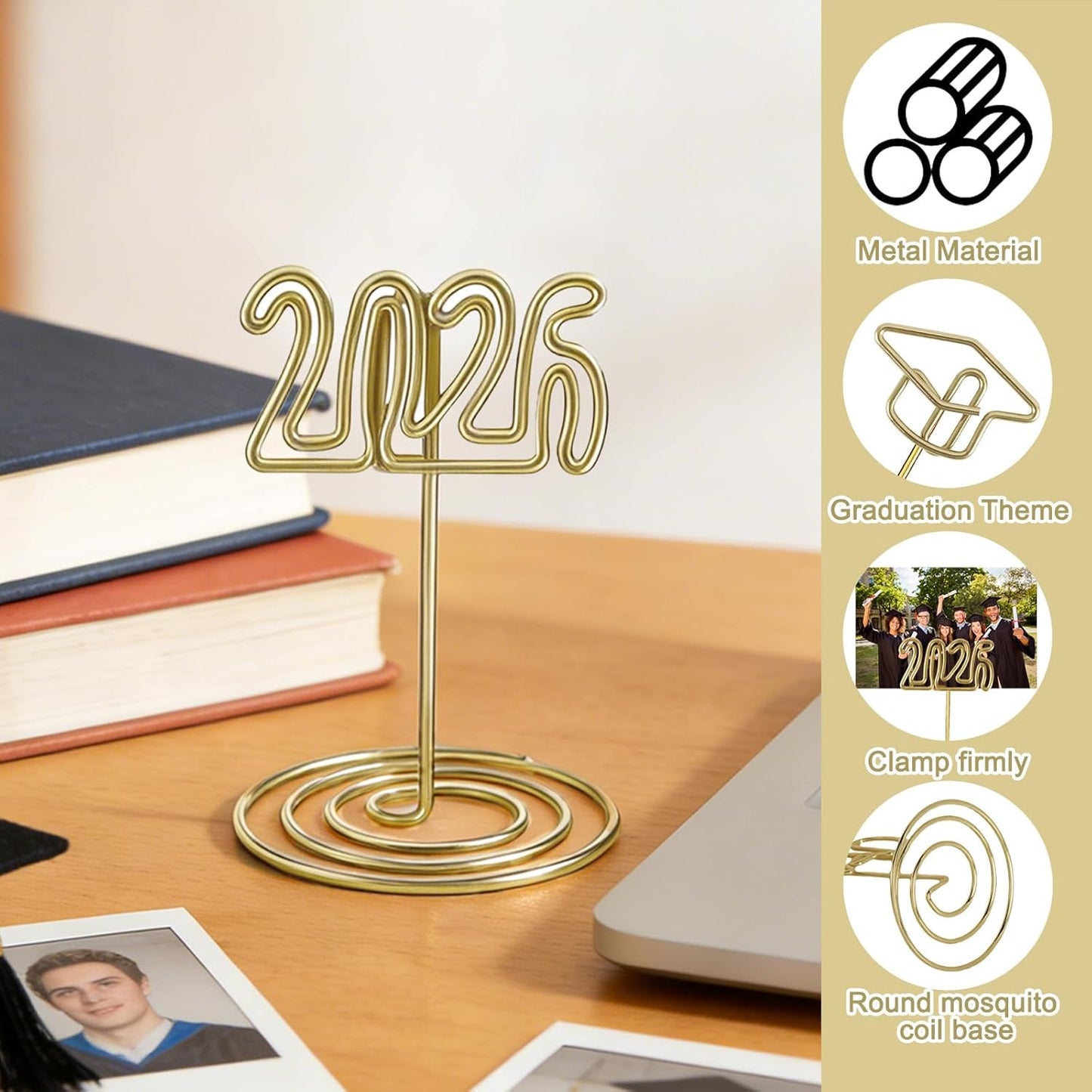 Soportes de fotos dorados de graduación 2026 para centros de mesa