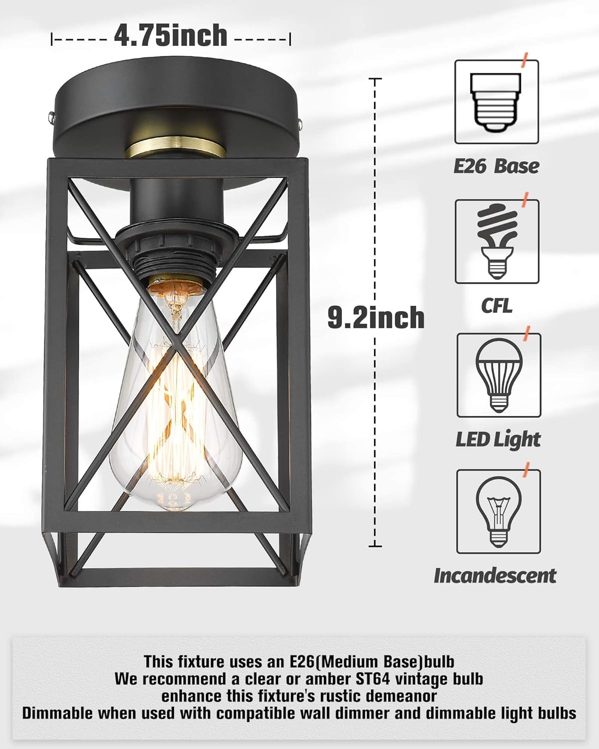 Lámpara techo semiempotrada jaula metal estilo industrial negro E26