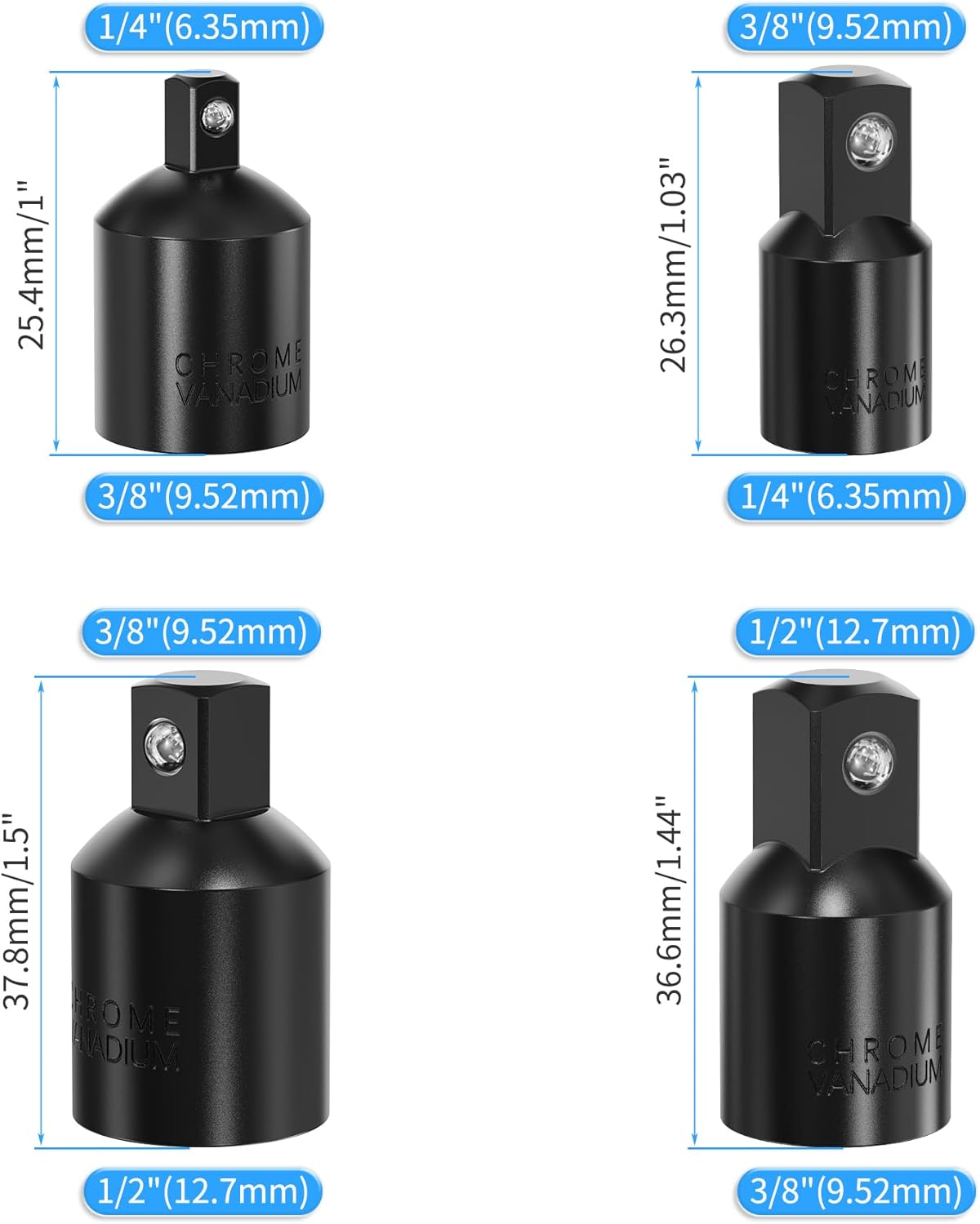 Set 4 adaptadores impacto 1/4-3/8-1/2 pulg acero Cr-V