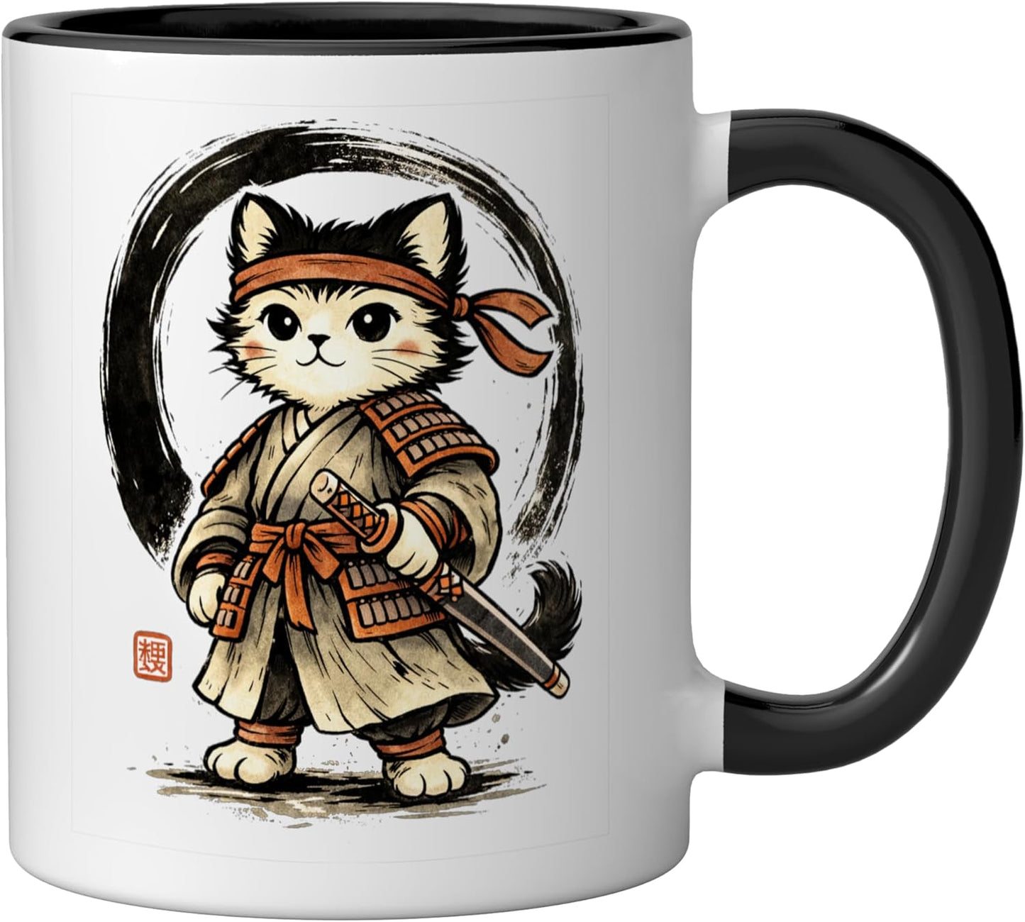 Taza Cerámica Gato Ninja Kawaii Japonés Negro/Blanco